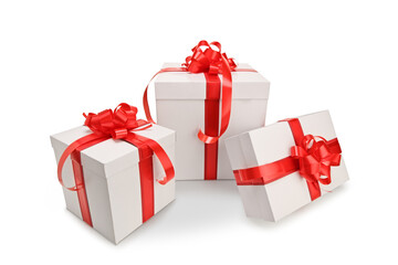 3 D shot of thee present boxes with red ribbon
