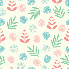 Fototapeta na wymiar Dainty floral seamless surface pattern of tropical monstera leaves and branches. Allover foliage repeating textured background