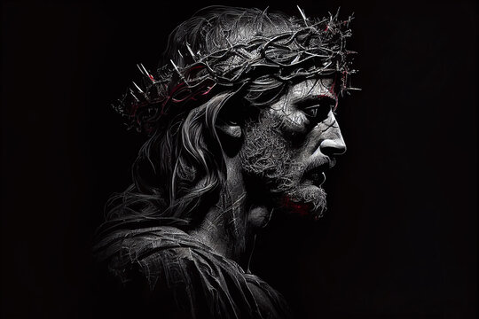 Jesus Christ with the crown of thorns, in profile on a black background. Face of Jesus suffering Holy Week Stations of the Cross. Generative AI