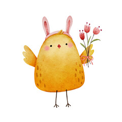 Little chicken wearing Easter bunny ears holding flowers - 574737312