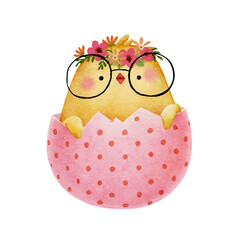 Little Easter chicken wearing glasses in cracked egg
