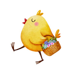 Watercolor happy Easter chicken walking and holding basket with flower and eggs