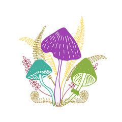 Three colorful forest mushrooms growing together with ferns isolated on white background. Bright, calm set of magical, fairy, fantasy mushrooms. Hand drawn vector illustration.