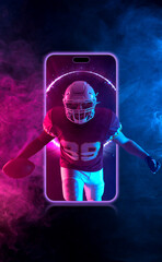 American football player banner with neon lights. Template for a sports magazine on the theme of American football with copy space. Mockup for betting advertisement. © Mike Orlov
