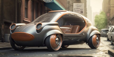 Obraz na płótnie Canvas Retrofuturistic concept car, inspired by Subaru 360, generative AI