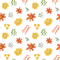 Simple floral pattern with yellow and orange flowers on transparent background. Creative scandinavian style pattern with floral concept
