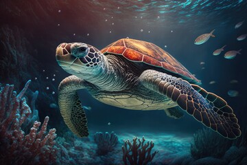 Fototapeta premium Realistic Underwater Sea Wildlife Nature Aquatic Animal, Turtle Swimming in Ocean, Generative AI