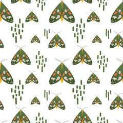 Seamless pattern with decorative green moths on transparent background in scandinavian style. Perfect for fabric, textile.
