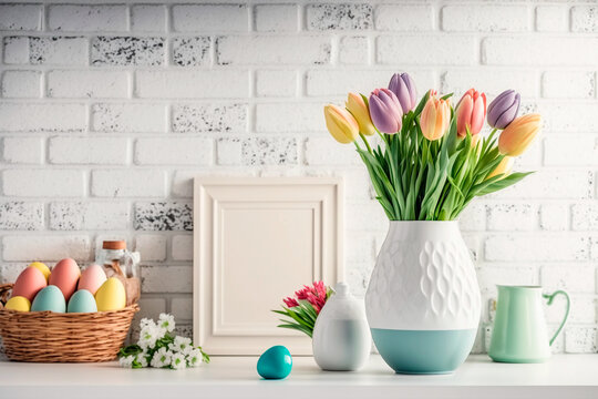 Home interior with easter decor. Fresh spring tulips in vase, hypsophila and pastel colored eggs on white brick wall background, copy space