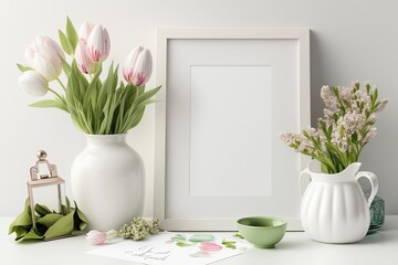 Easter-decorated home. Clipboard and vase of pink tulips on a light background mockup. Generative AI