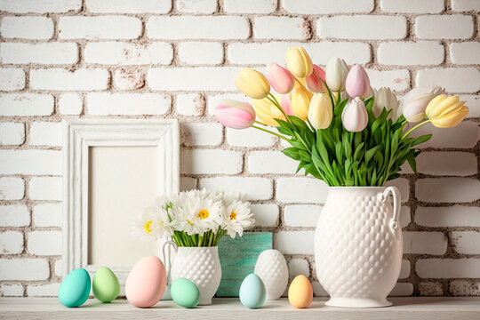 Home interior with easter decor. Fresh spring tulips in vase, hypsophila and pastel colored eggs on white brick wall background, copy space