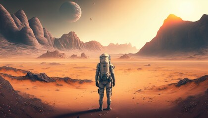 Obraz premium Beyond the Unknown: A Lone Astronaut's Journey on an Alien Planet, AI Generative