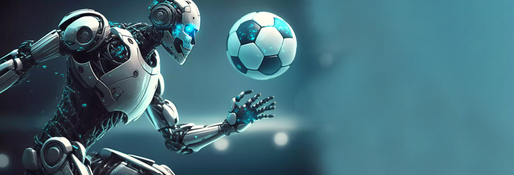 robot runs after the ball. Robot playing football. Generative AI