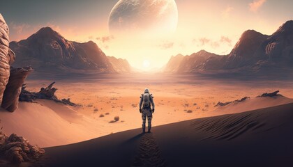 Fototapeta na wymiar One astronaut's journey on a deserted alien planet, AI generative