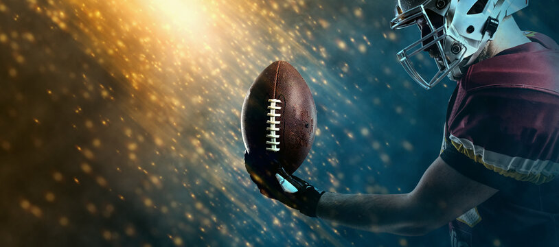 Fototapeta American football player banner. Template for a sports magazine, website, outdoor advertisement with copy space. Mockup for betting ads.