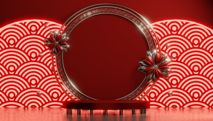Red stage podium decoration suitable for products.3D rendering