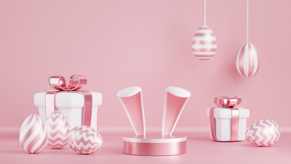 Easter. Round podium pedestal with rabbit ears eggs gifts on a pink background. Monochrome 3d render