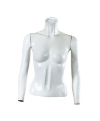 Fashionable white mannequin of headless woman torso with arms over transparent background (png)