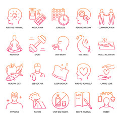 Wellness and stress relieve methods icon set