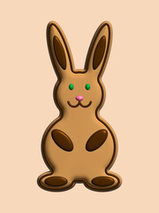 Gingerbread bunny with chocolate icing on a beige background, 3d illustration, 3d rendering