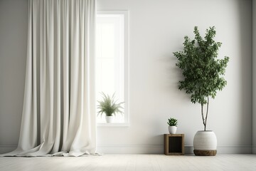 Illustration of a minimalist living room interior with a plant, a curtain, and a white wall. Generative AI