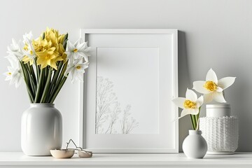 Decorated interior of a home. Interior decorating includes a white frame and a vase of white daffodils. Generative AI