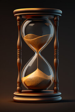 3d realistic hourglass with running sand inside on dark background. Wooden body in retro style. Time passing or countdown concept. Image is AI generated.