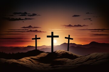 Three crosses on the mountain Jesus Christ on a sunset background