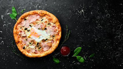 Pizza with mushrooms, bacon and cheese. classic pizza On a black stone background. Top view.