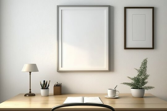 An empty frame design on the wall above the table. Illustration. Generative AI
