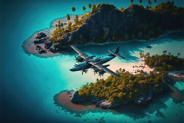 Tropical Paradise island with a Plane Fly over it. Generative AI