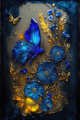 Blue Butterfly Lapis Lazuli Gold Style Art - Butterfly Lapis Lazuli Backgrounds Series - Blue Butterfly Golden wallpaper texture created with Generative AI technology