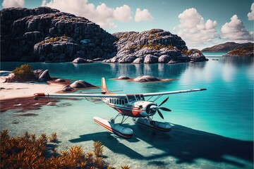 Tropical Paradise island with a Plane Fly over it. Generative AI