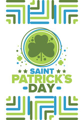 Happy Saint Patricks Day. Traditional irish holiday. Celebrate annual in March 17. Clover and shamrock leaves. Green and orange party design. Ireland color. Poster, card, banner and background. Vector