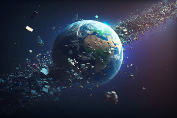 Space debris fragments of communications satellites and spacecraft in Earth orbit. Generative AI technology.