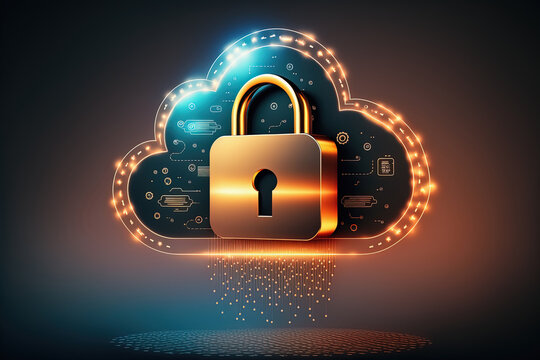 Neon cloud with locked padlock. Concept of data protection, security