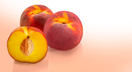 Ripe fresh Peaches, tropical nectarine fruit piece with pit