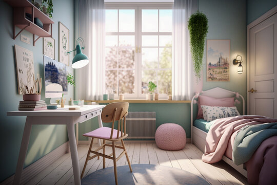 Female bedroom, cozy modern interior style, super photo realistic background, generative ai