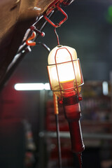 the light bulb in the carrying lamp shines with a bright light. The lamp hangs hooked on the eye
