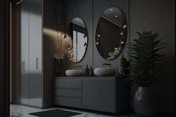 Modern dark bathroom interior design, Marble materials, Generative AI Digital Illustration