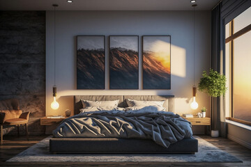 Modern bedroom interior design with bed, super photo realistic generative ai background