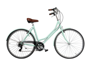 Green retro bicycle, side view. Brown leather saddle and handles. Vintage look city bike. Png isolated on transparent background