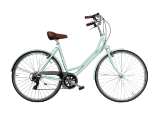  Green retro bicycle, side view. Brown leather saddle and handles. Vintage look city bike. Png isolated on transparent background © paketesama