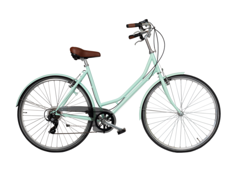 Green retro bicycle, side view. Brown leather saddle and handles. Vintage look city bike. Png isolated on transparent background