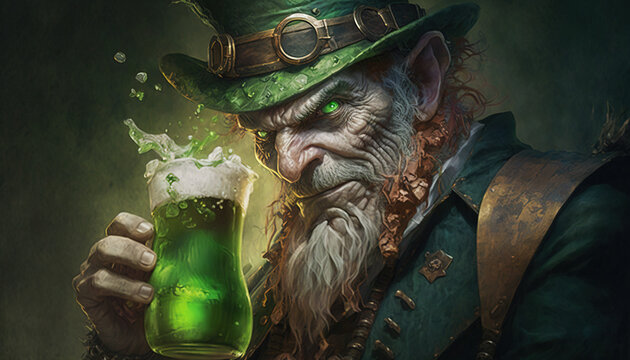 St.Patrick's day illustration man in green hat with green beer generative ai