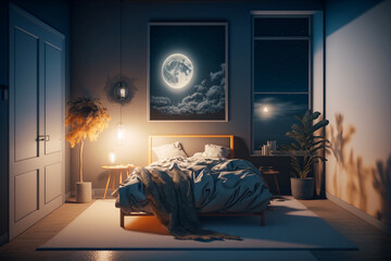 Modern bedroom interior design with bed, super photo realistic generative ai background