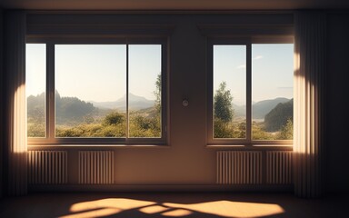 empty room, with large windows overlooking a green mountain scenery