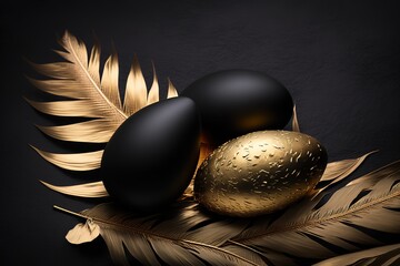 Golden metallic and black painted eggs with golden feathers on and black background. Easter minimal composition