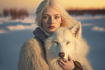 Beautiful young albino woman hugging a white wolf. Generative AI