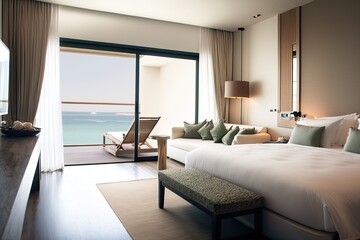 Naklejka na ściany i meble Luxury hotel room with a sea view, Modern interior design, Generative AI Digital Illustration